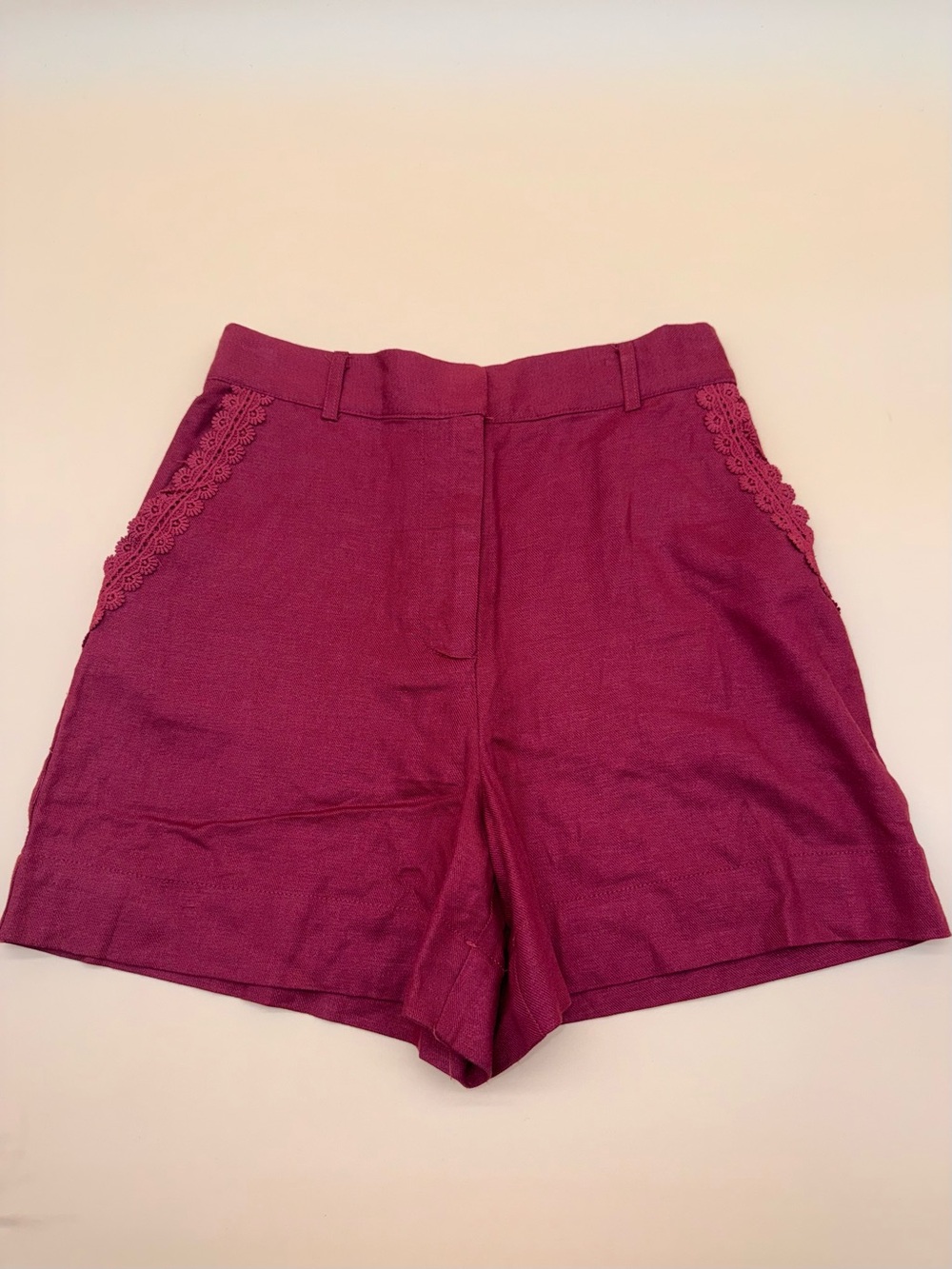 House of Harlow 1960 Burgundy Linen Blend Lace Trim High Rise Shorts Size S